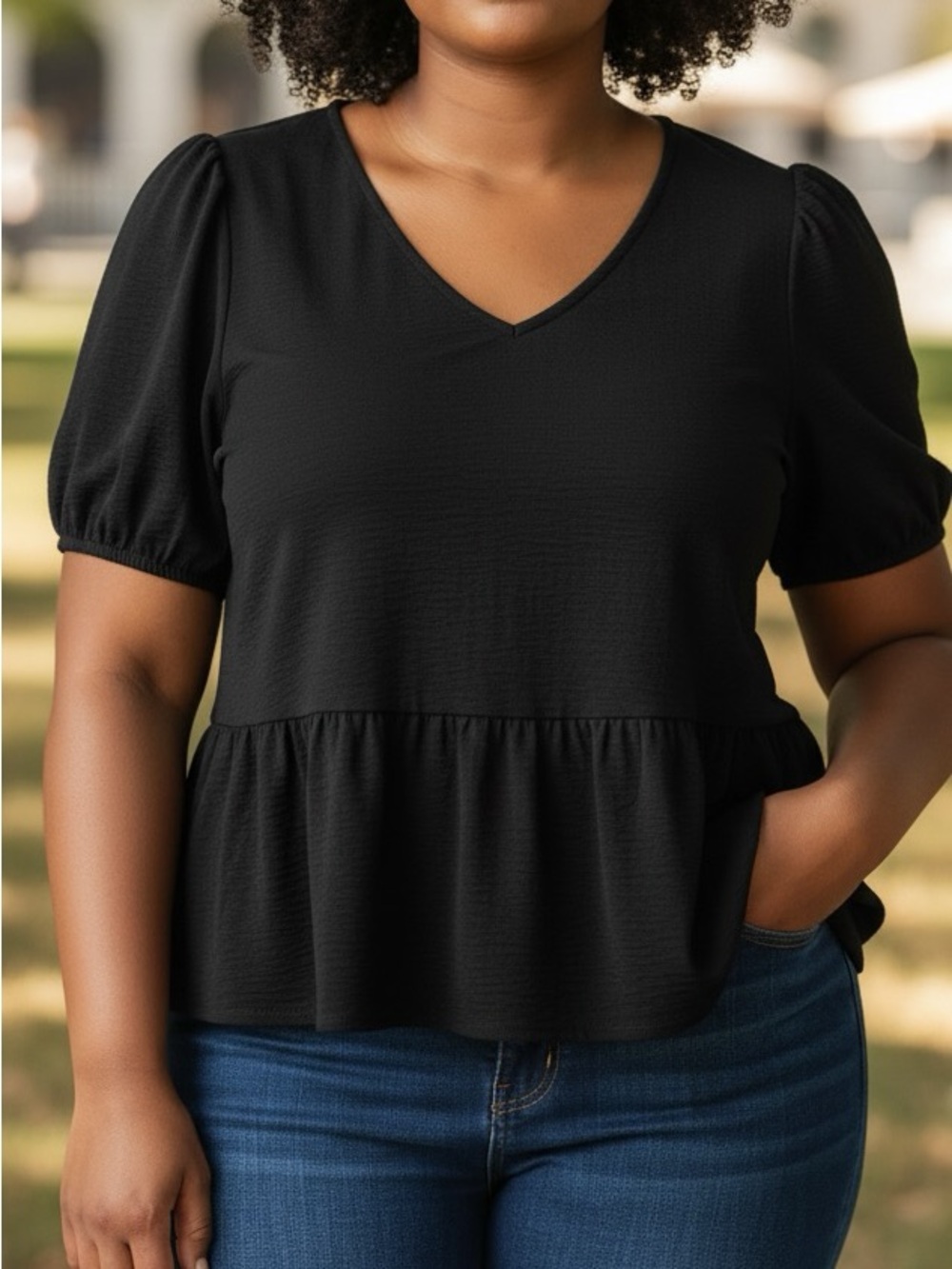 Nine West Black Peplum Blouse | V-Neck Short Puff Sleeve Tunic Top | Size PXXL